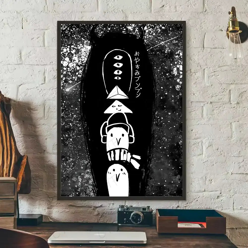 Black-framed goodnight punpun waterproof poster featuring stylized black coffin with white characters on dark wall art background