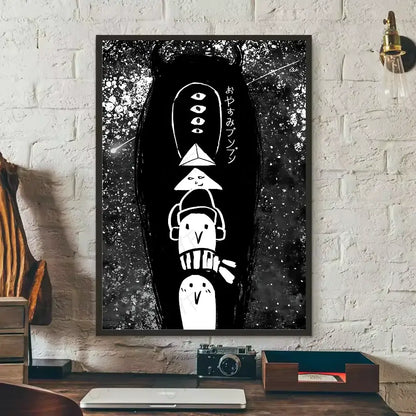 Black-framed goodnight punpun waterproof poster featuring stylized black coffin with white characters on dark wall art background