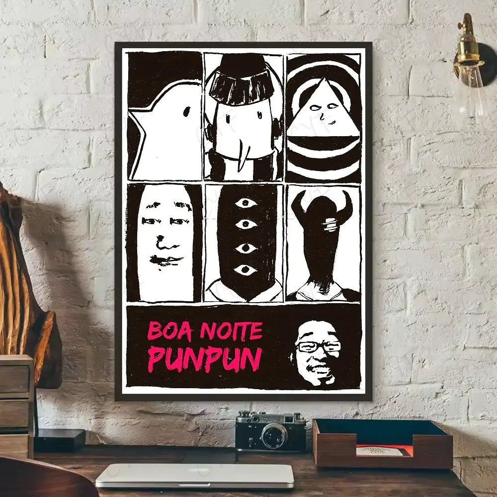 Black and white framed goodnight punpun wall art with stylized cartoon faces and bold pink text waterproof poster