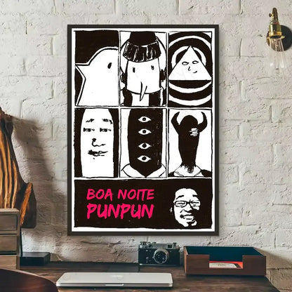 Black and white framed goodnight punpun wall art with stylized cartoon faces and bold pink text waterproof poster