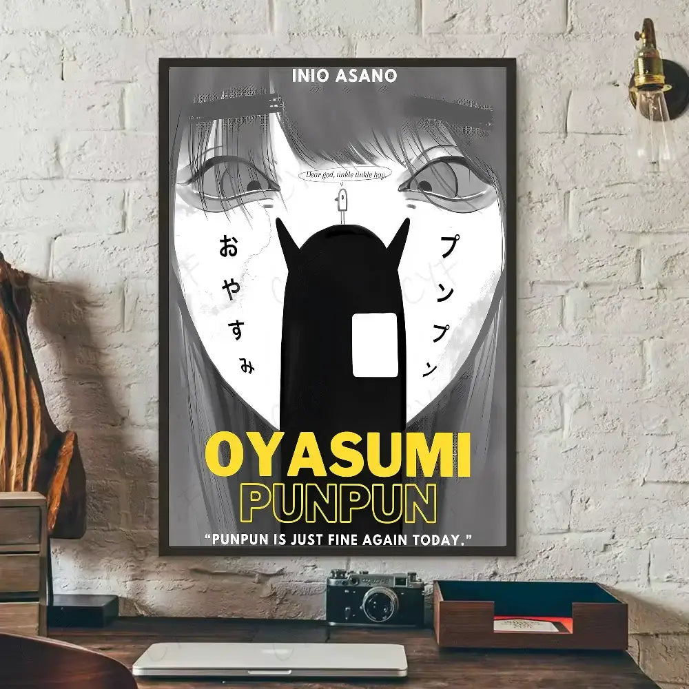 Black and white anime wall art featuring a stylized cat face with bold yellow text goodnight punpun waterproof poster
