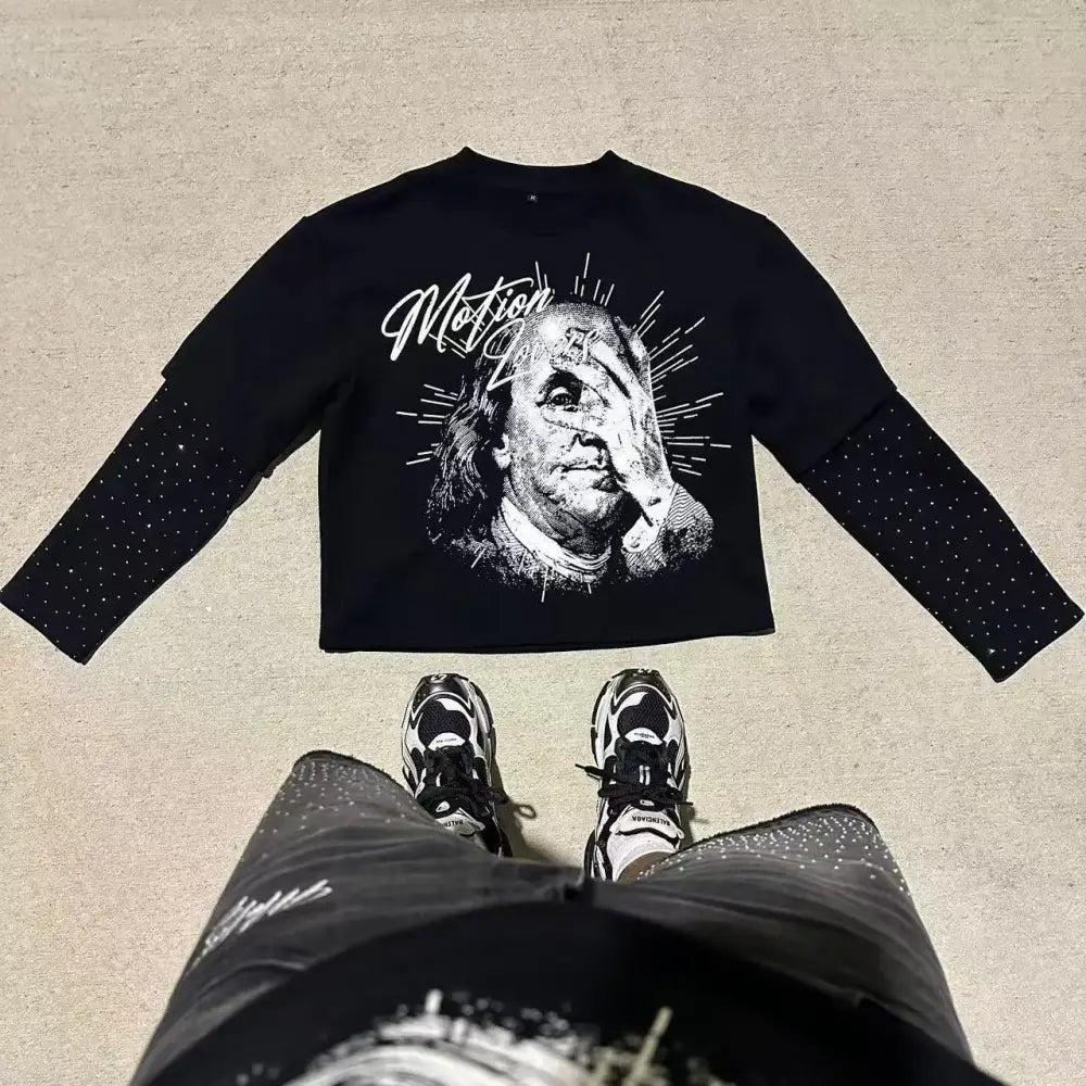 Black long sleeve Gothic red eye faux two-piece cotton punk top with benjamin franklin graphic and dotted sleeves