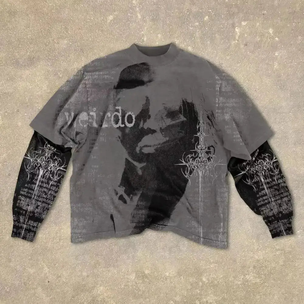 Grey long sleeve gothic red eye faux two-piece cotton tee with distressed portrait and ornate white sleeve designs