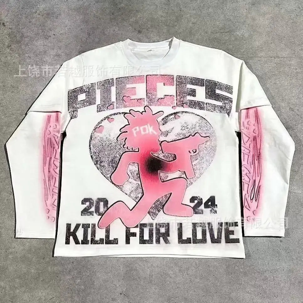 White long sleeve cotton gothic red eye faux two-piece t-shirt with pink black graphic and distressed print