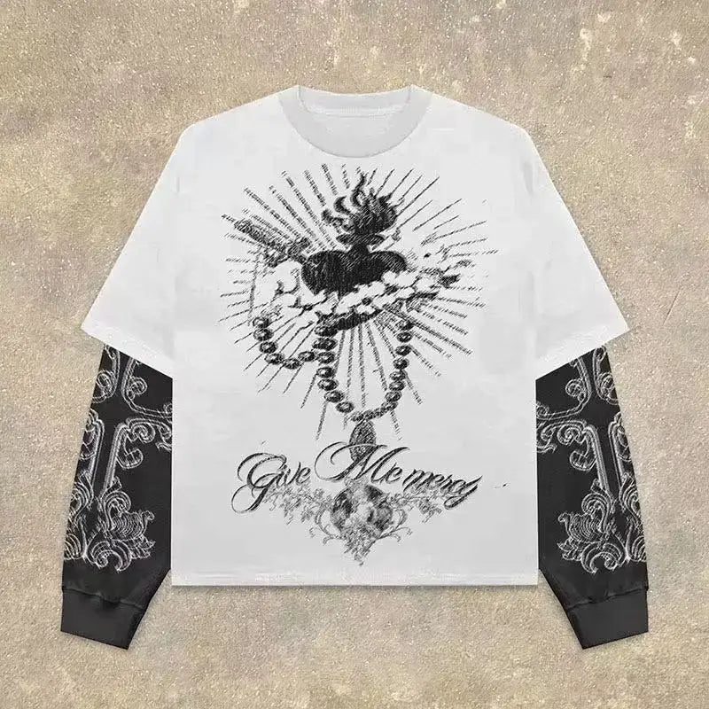 White long sleeve gothic red eye faux two-piece cotton punk top with black heart graphic and bandana patterned sleeves