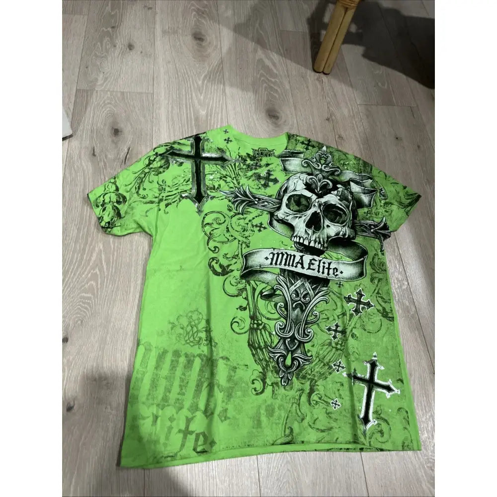 Bright green cotton faux two-piece t-shirt with black and white skull graphic and imma elite banner in gothic style