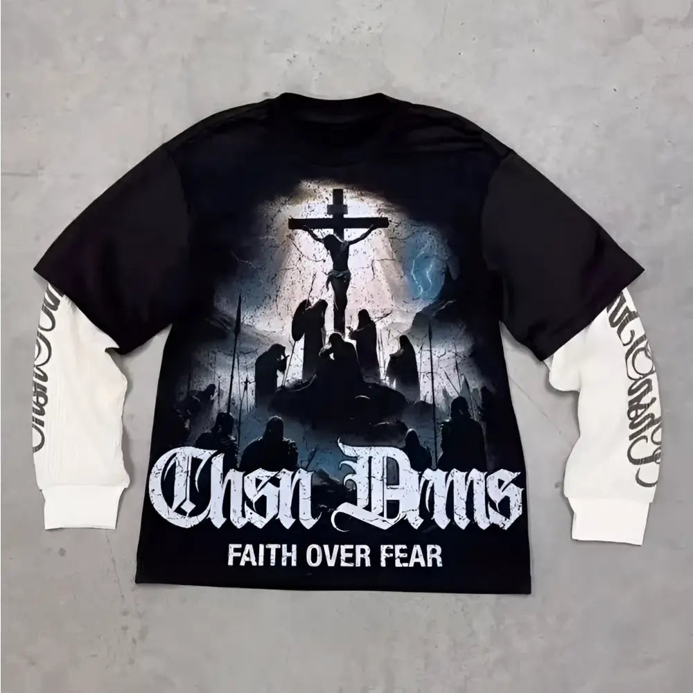 Black long sleeve gothic red eye faux two-piece t-shirt with white inner sleeves and dramatic jesus graphic in cotton punk style