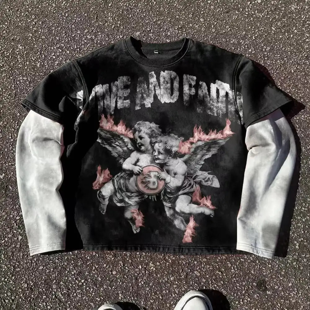 Black and white gothic red eye faux two-piece long sleeve sweatshirt with light gray sleeves and cherub flame print