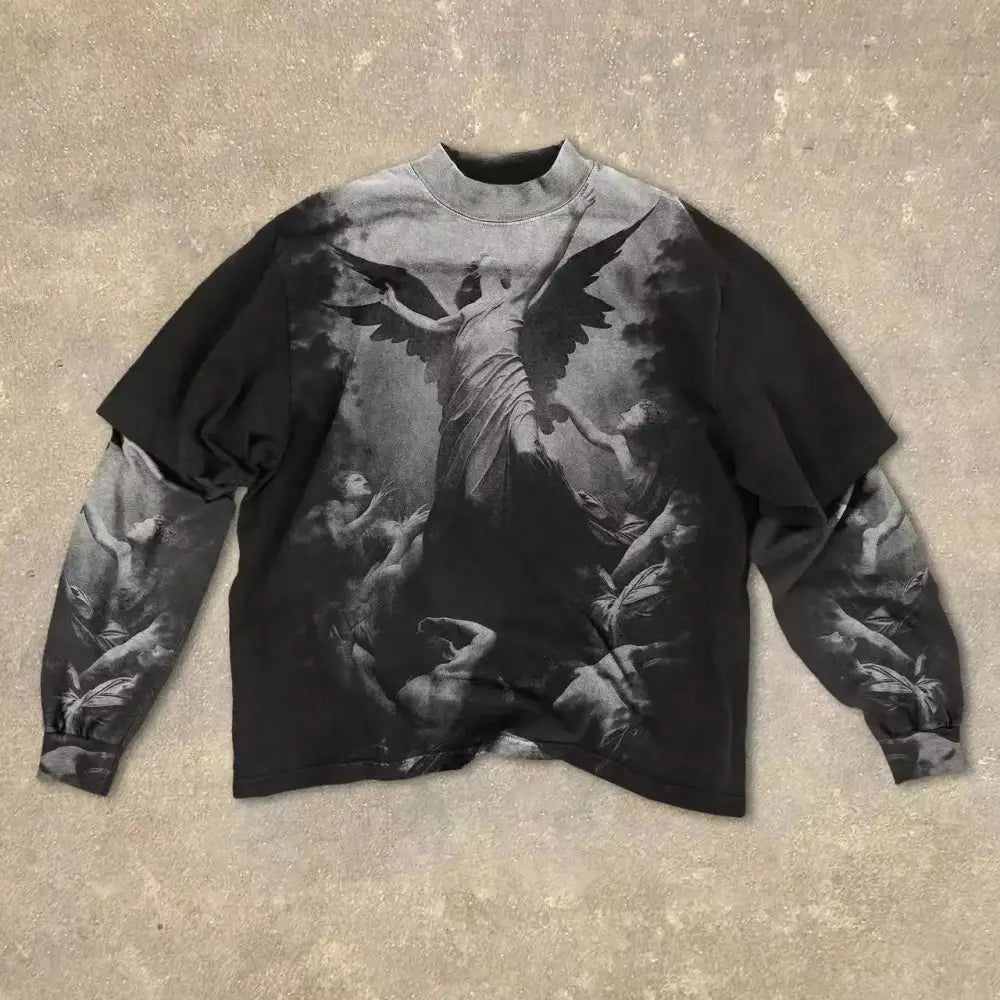 Black long sleeve gothic red eye faux two-piece sweatshirt with grayscale angelic figure print in cotton punk style