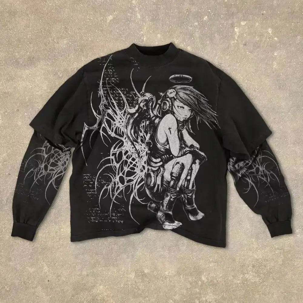 Black long sleeve gothic red eye faux two-piece cotton punk top with angelic figure graphic and headphones