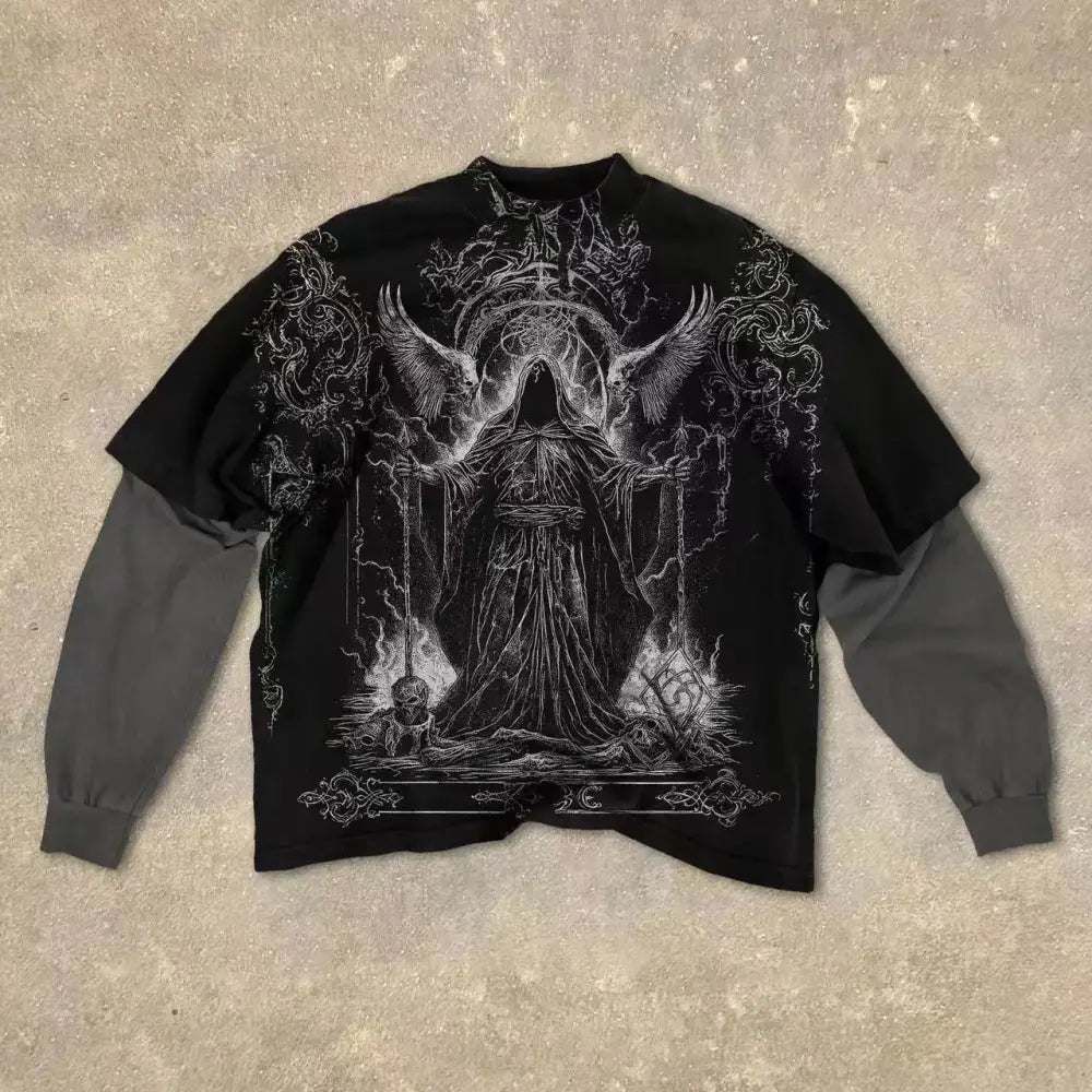 Black long sleeve gothic red eye faux two-piece t-shirt with angel graphic layered over gray cotton punk top