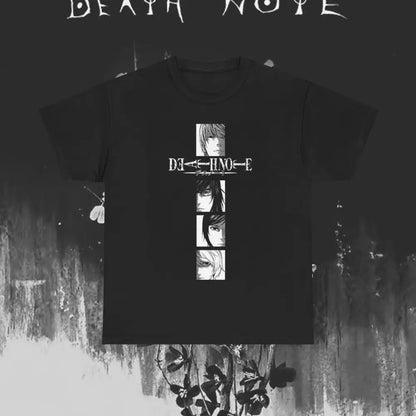 Black short-sleeved cotton tee featuring white vertical anime portraits and death note logo for gothic streetwear