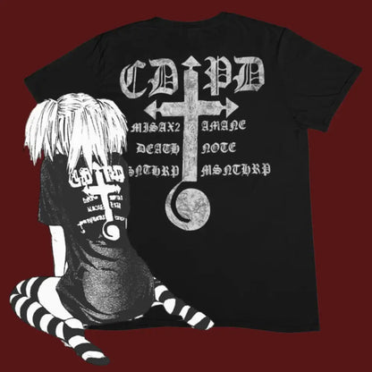 Black cotton tee featuring a gothic skull death note anime graphic with crossed-out text and symbols for streetwear