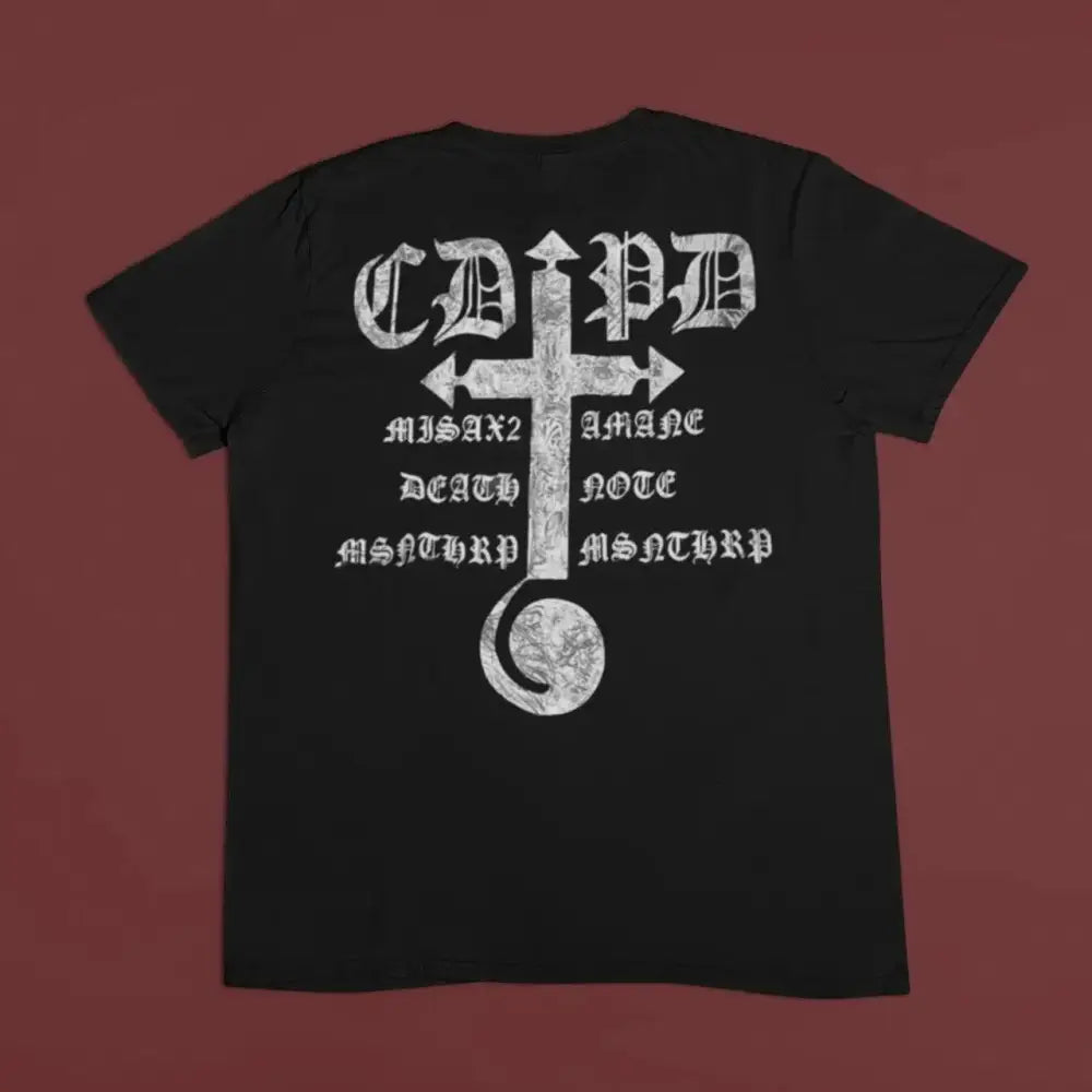 Black short-sleeved cotton tee featuring a white gothic-style graphic with capd text and a cross for streetwear use
