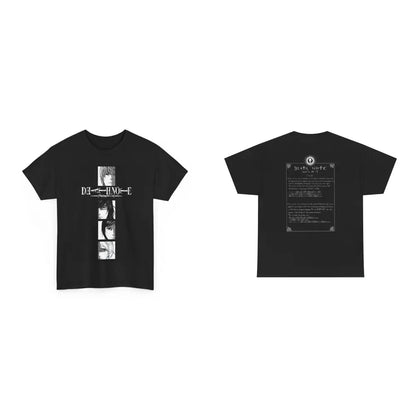 Black cotton tee featuring four vertical anime character portraits on front and circular emblem on back for streetwear