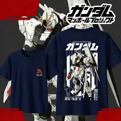 Navy blue unisex short sleeve cotton t-shirt featuring white and red Gundam RX-93 v design with Japanese text and graphics