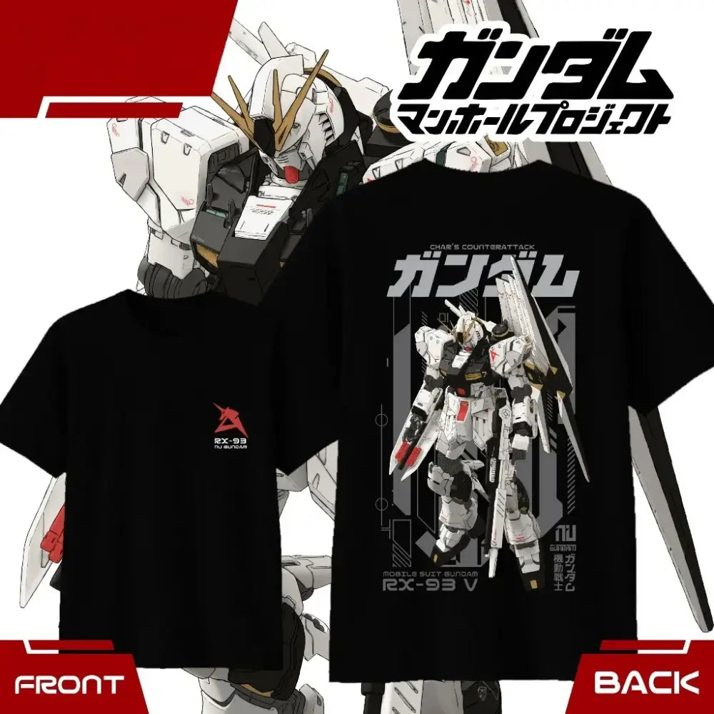 Black cotton unisex short sleeve t-shirt featuring detailed rx-93 ν gundam graphic with white and red accents