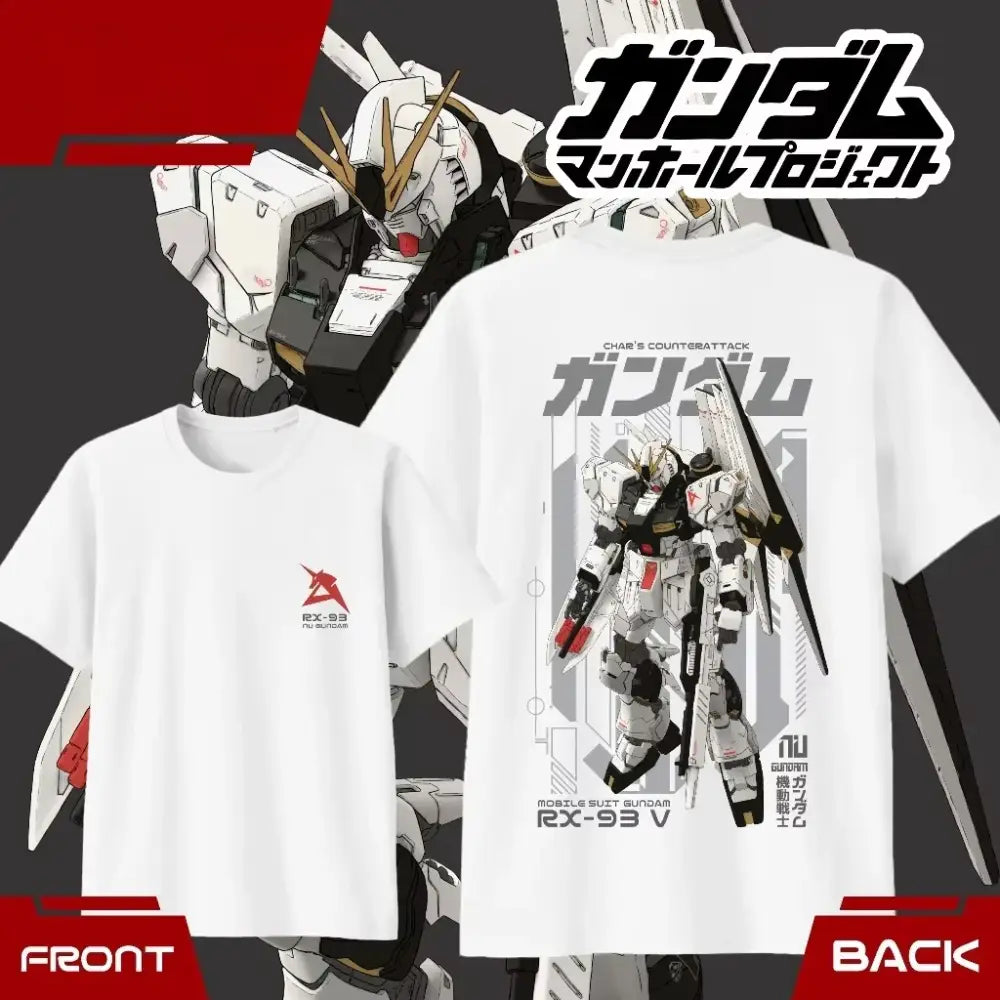 White cotton unisex short sleeve t-shirt with a detailed rx-93 nu gundam graphic featuring black and red accents