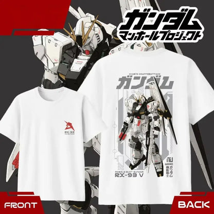 White cotton unisex short sleeve t-shirt with a detailed rx-93 nu gundam graphic featuring black and red accents