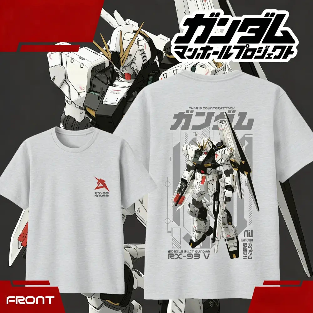 White cotton unisex short sleeve t-shirt featuring a detailed red and black rx-93 nu gundam graphic from chars counterattack