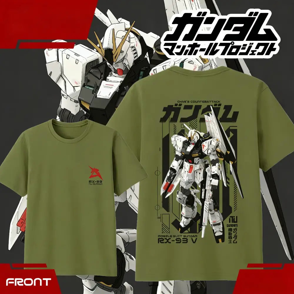 Olive green unisex short sleeve cotton t-shirt featuring a detailed rx-93 ν gundam graphic from chars counterattack