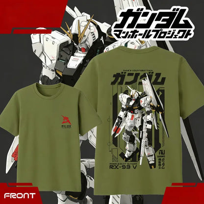 Olive green unisex short sleeve cotton t-shirt featuring a detailed rx-93 ν gundam graphic from chars counterattack