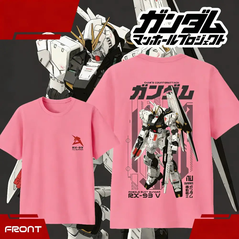 Pink unisex cotton short sleeve t-shirt with detailed black and white rx-93 ν gundam graphic from chars counterattack