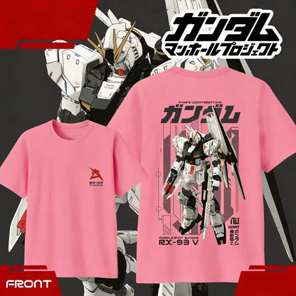 Pink unisex cotton short sleeve t-shirt with detailed black and white rx-93 ν gundam graphic from chars counterattack