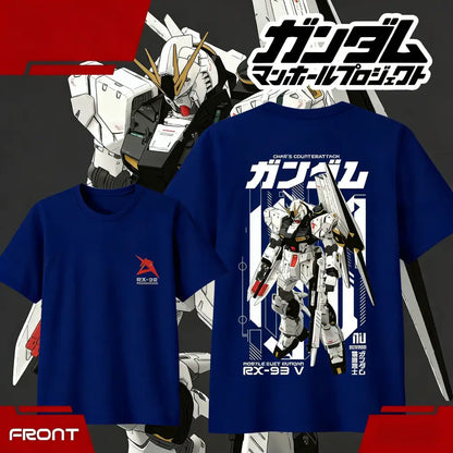 Back side of navy blue cotton Gundam RX-93 unisex short sleeve t-shirt with white red Gundam design and Japanese text