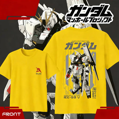 Bright yellow cotton unisex short sleeve t-shirt featuring detailed rx-93 ν gundam graphic from char’s counterattack