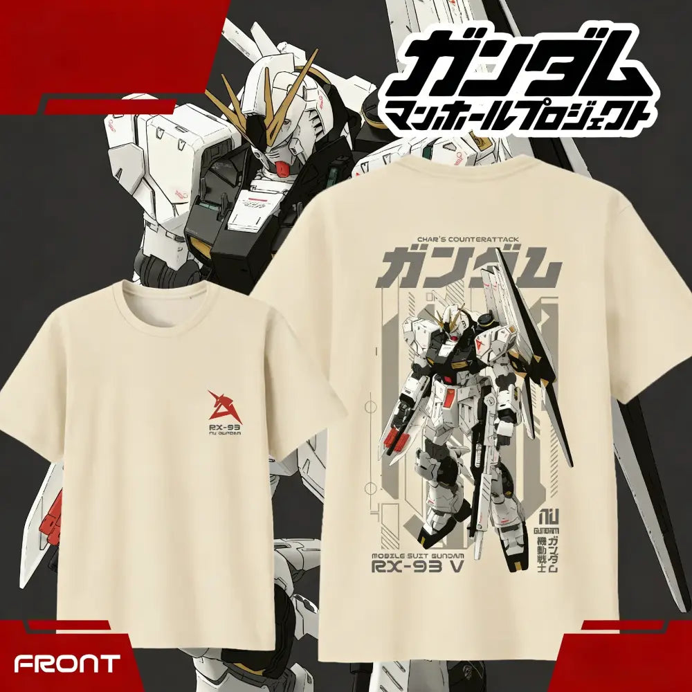 Beige unisex short sleeve cotton t-shirt featuring detailed black white and red rx-93 ν gundam graphic design