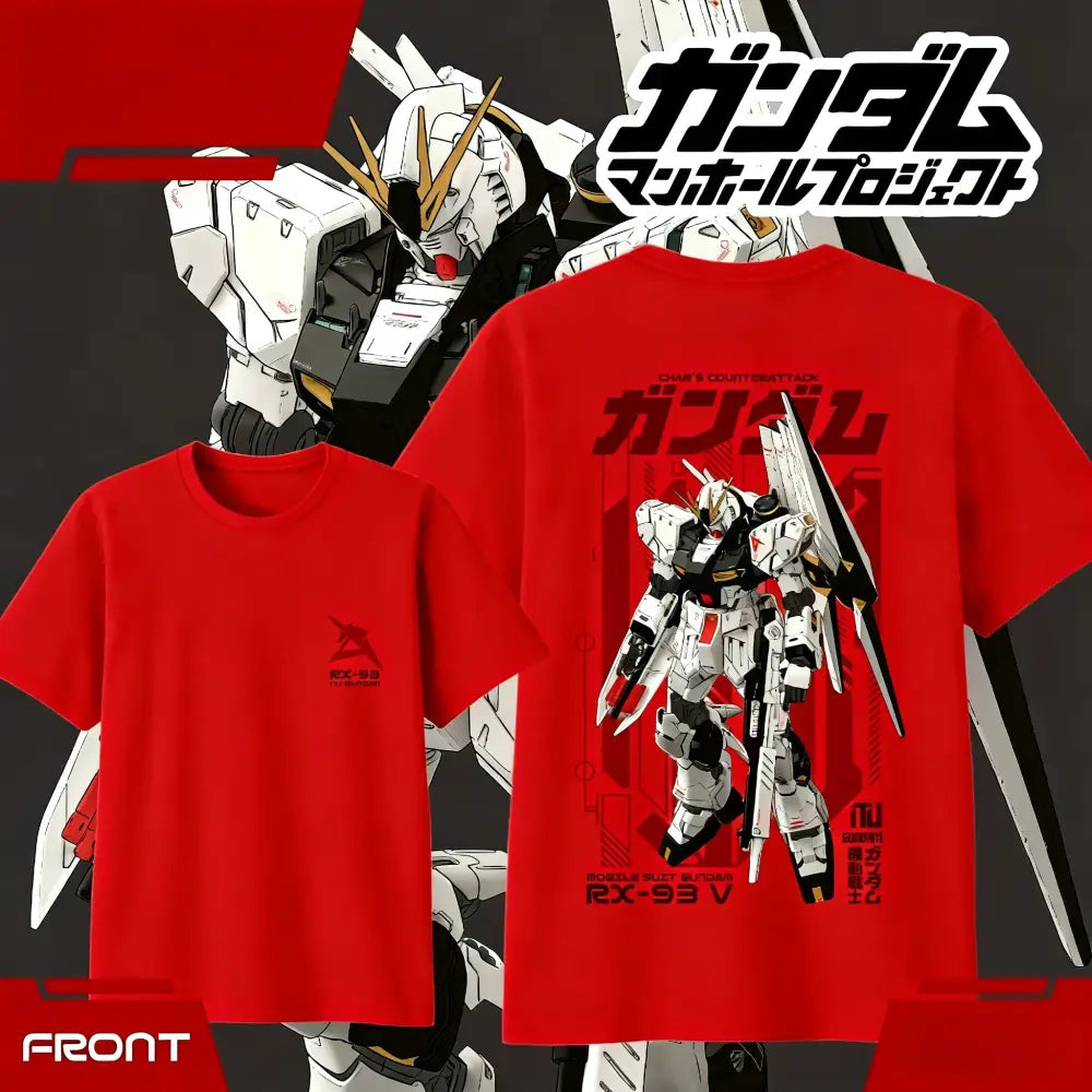 Red unisex short sleeve cotton t-shirt featuring a detailed graphic of the rx-93 ν gundam from the gundam mobile project series