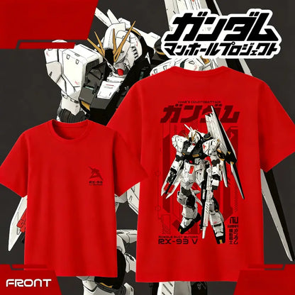 Red unisex short sleeve cotton t-shirt featuring a detailed graphic of the rx-93 ν gundam from the gundam mobile project series