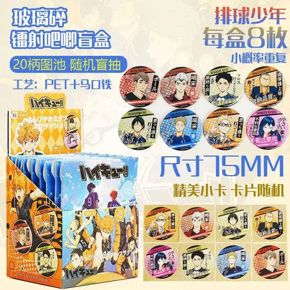 Colorful circular haikyu volleyball boys blind box holographic badge pins made of pet and metal 75mm diameter