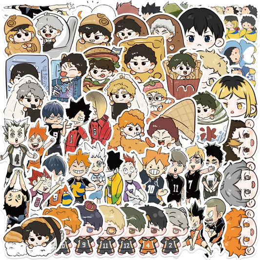 Colorful haikyuu graffiti sticker set featuring 10 pcs of cartoon-style pvc decals in various poses and outfits