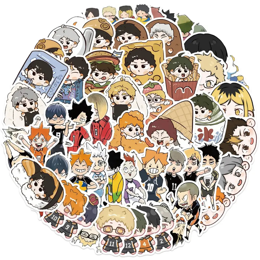 A colorful haikyuu graffiti sticker set featuring 10 pvc anime character decals in various poses and outfits