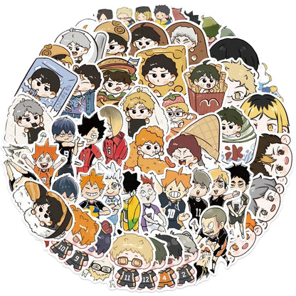 A colorful haikyuu graffiti sticker set featuring 10 pvc anime character decals in various poses and outfits