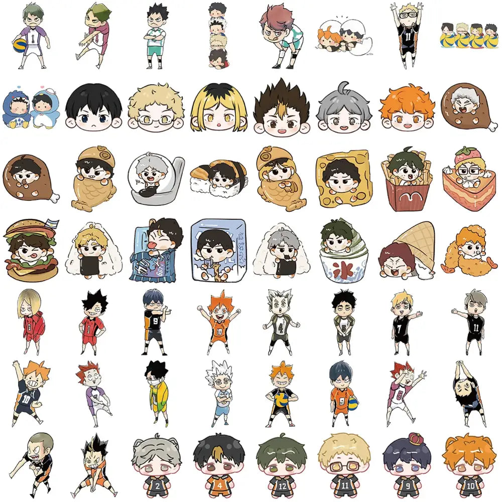 Haikyuu graffiti sticker set featuring 10 colorful chibi-style pvc decals of anime characters in fun poses and outfits