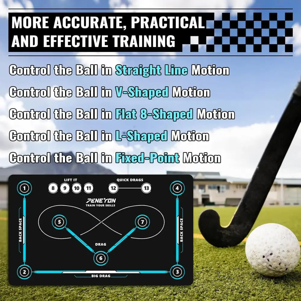 Black rubber training mat with teal accents and numbered motion paths for hockey ball control drills 150x90cm