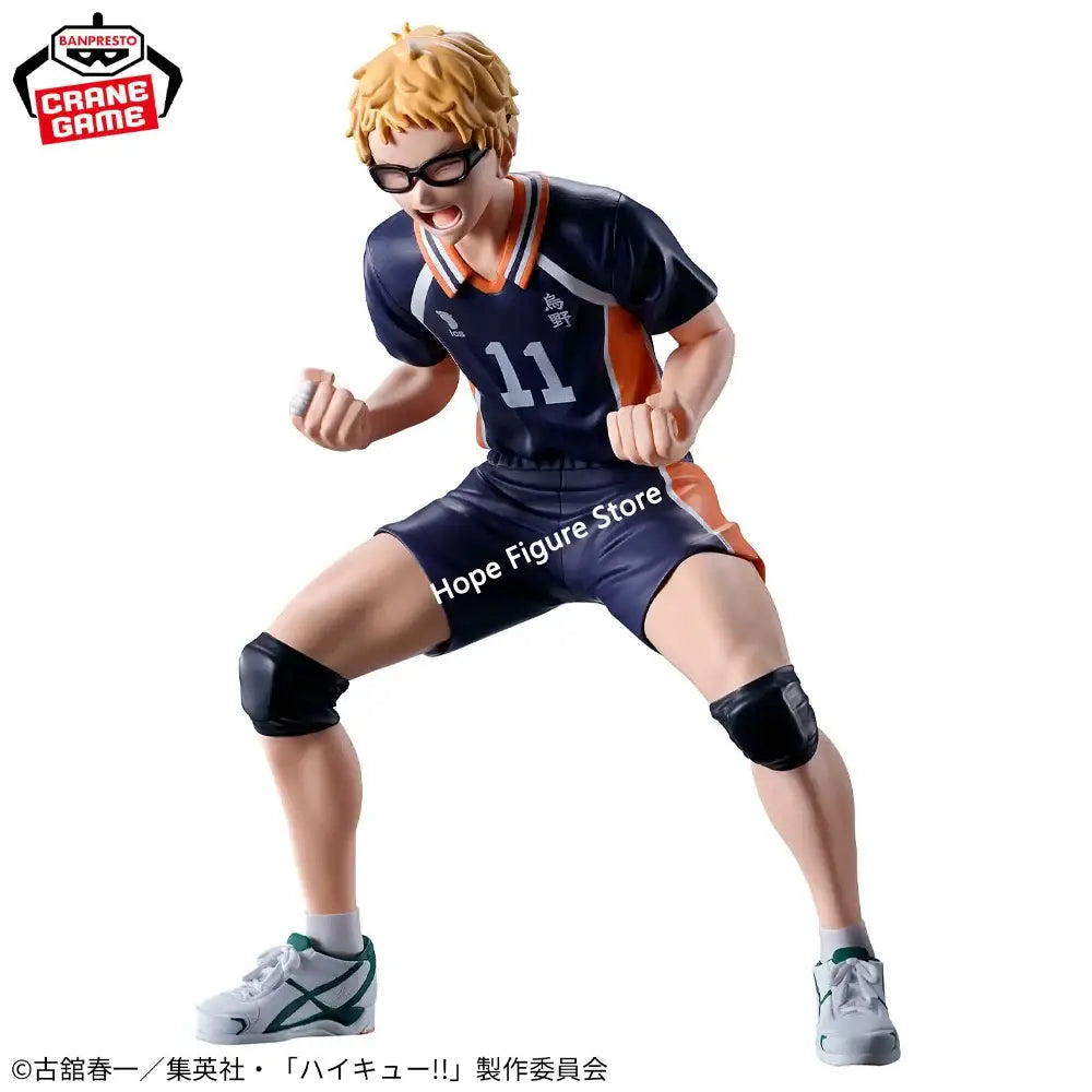 Blonde-haired kei tsukishima pvc figure in navy orange uniform number 11 with black knee pads in original box banpresto