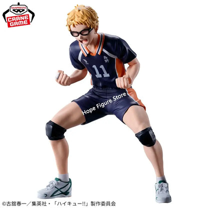 Blonde-haired kei tsukishima pvc figure in navy orange uniform number 11 with black knee pads in original box banpresto