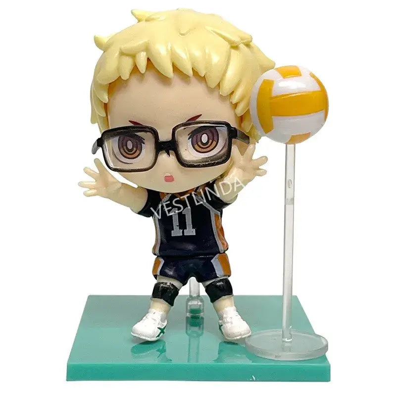 Haikyuu shoyo hinata chibi pvc statue with blonde hair black orange uniform number 11 glasses and volleyball stand
