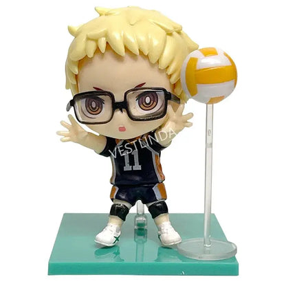 Haikyuu shoyo hinata chibi pvc statue with blonde hair black orange uniform number 11 glasses and volleyball stand