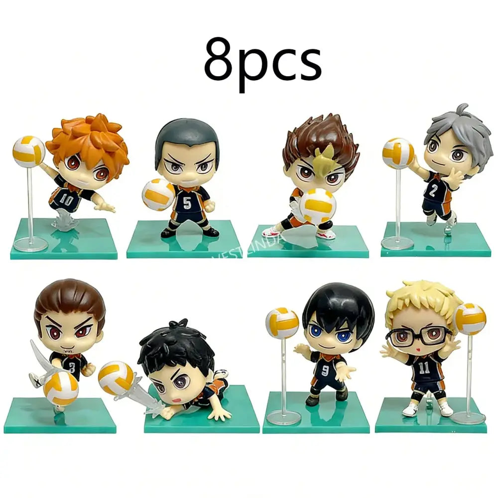 Haikyuu shoyo hinata pvc statue set of eight chibi volleyball player figurines in black orange uniforms on green bases