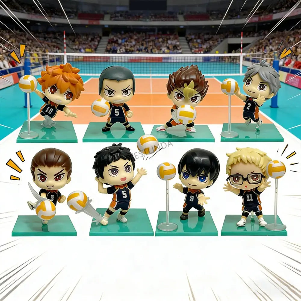 Chibi-style haikyuu shoyo hinata pvc statue in black and orange uniform holding yellow and white volleyball ball
