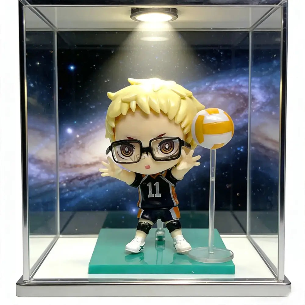 Haikyuu shoyo hinata pvc statue chibi anime volleyball player with blonde hair glasses navy jersey and volleyball on acrylic display