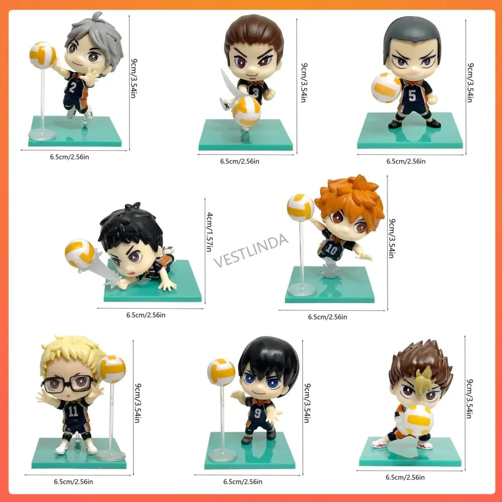 Haikyuu shoyo hinata chibi volleyball pvc statues in black and orange uniforms holding yellow and white balls on teal stands