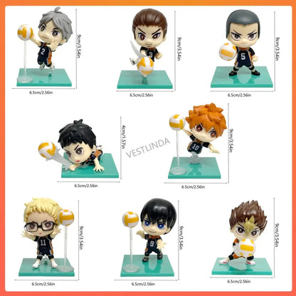 Haikyuu shoyo hinata chibi volleyball pvc statues in black and orange uniforms holding yellow and white balls on teal stands