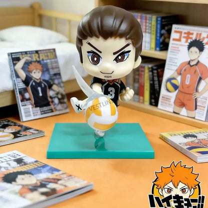 Chibi-style haikyuu shoyo hinata pvc statue in black and orange volleyball uniform holding white and yellow ball