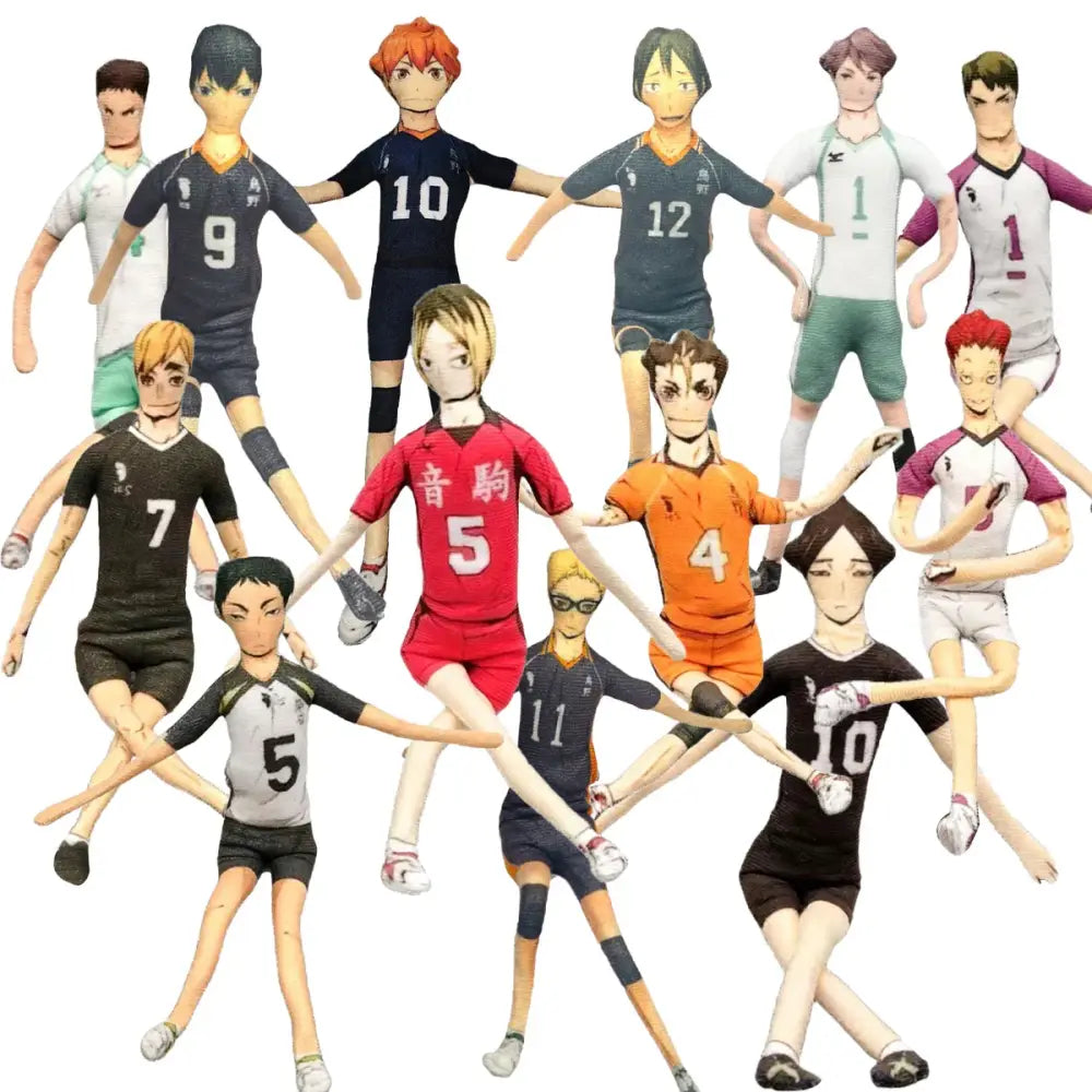 A collection of soft plush volleyball player figures from haikyuu featuring tobio kageyama in detailed team uniforms